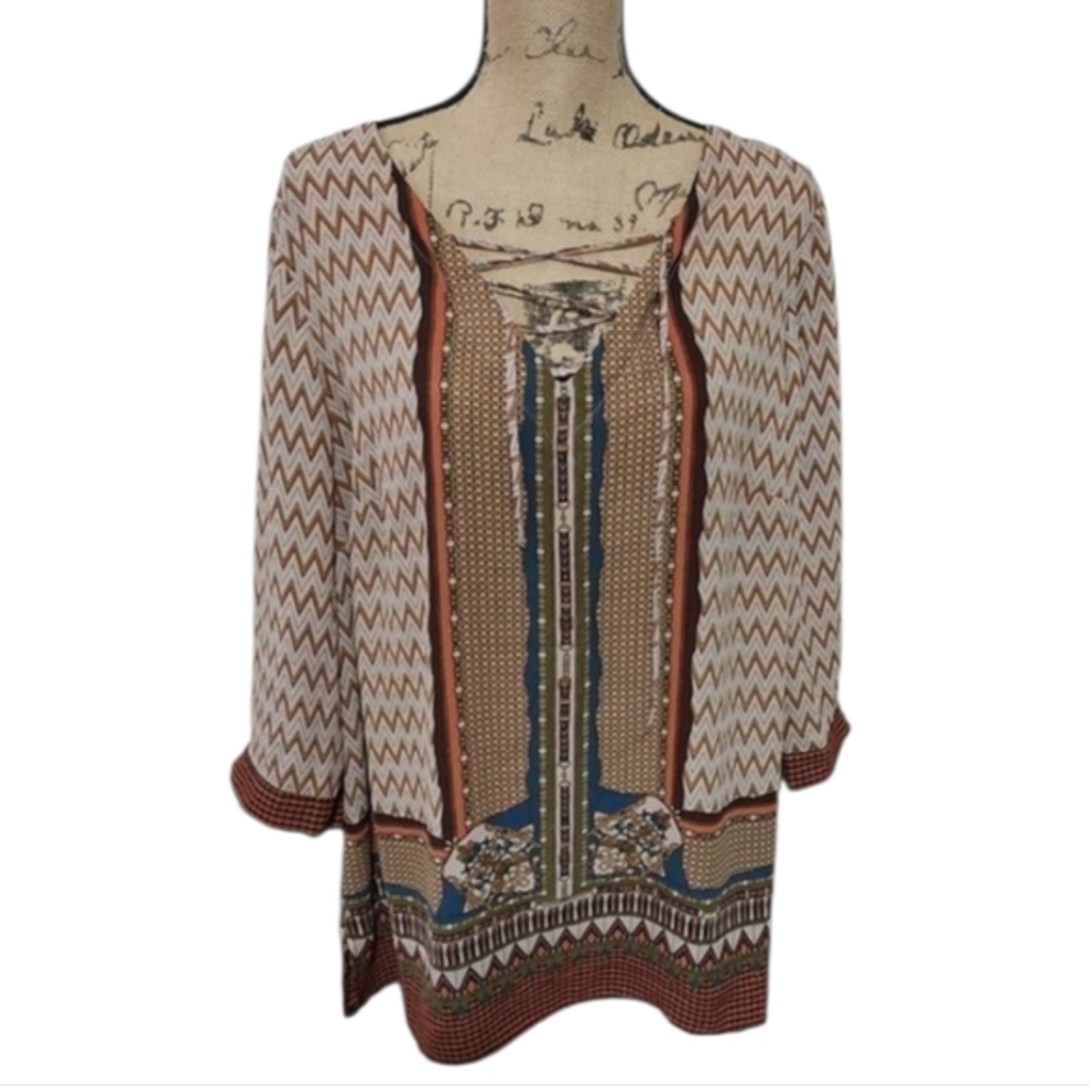Rose + Olive Womens 1X Multicolor Chevron Lace Up V-Neck 3/4 Sleeve Tunic Blouse